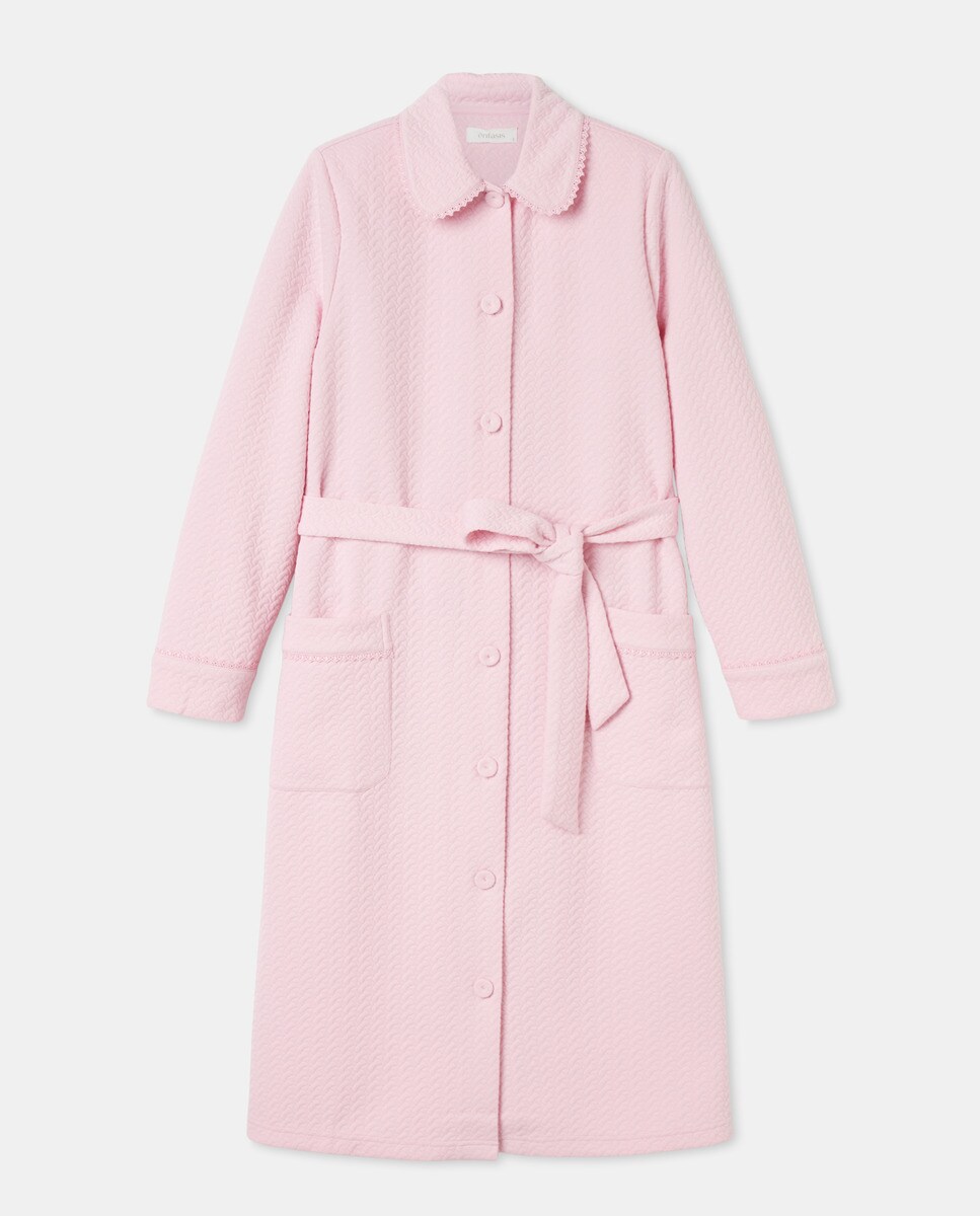 Robe Liso na Gola com Botões e Detalhe de Renda Rosa-3