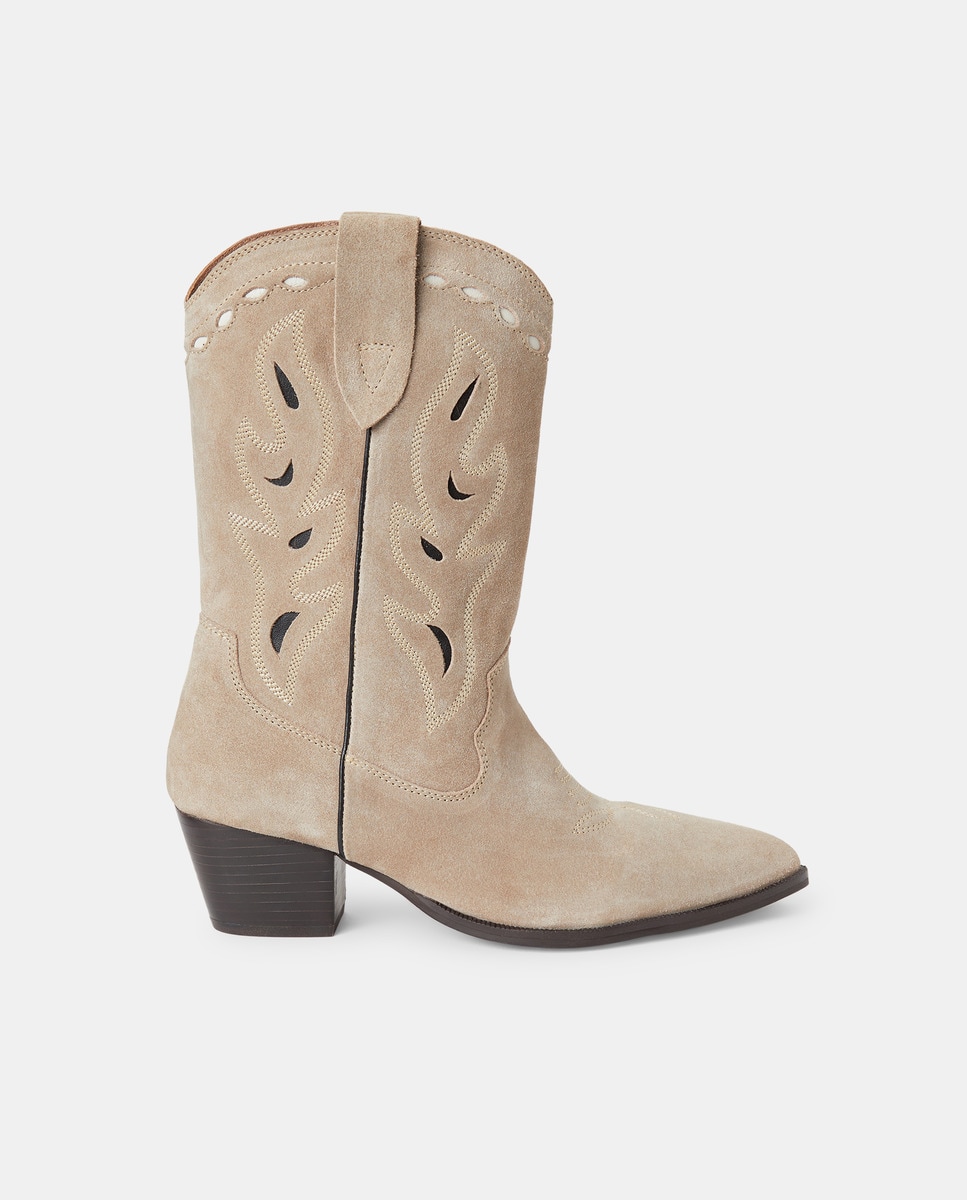 Botas em Pele com Recortes Bicolor Bege-1