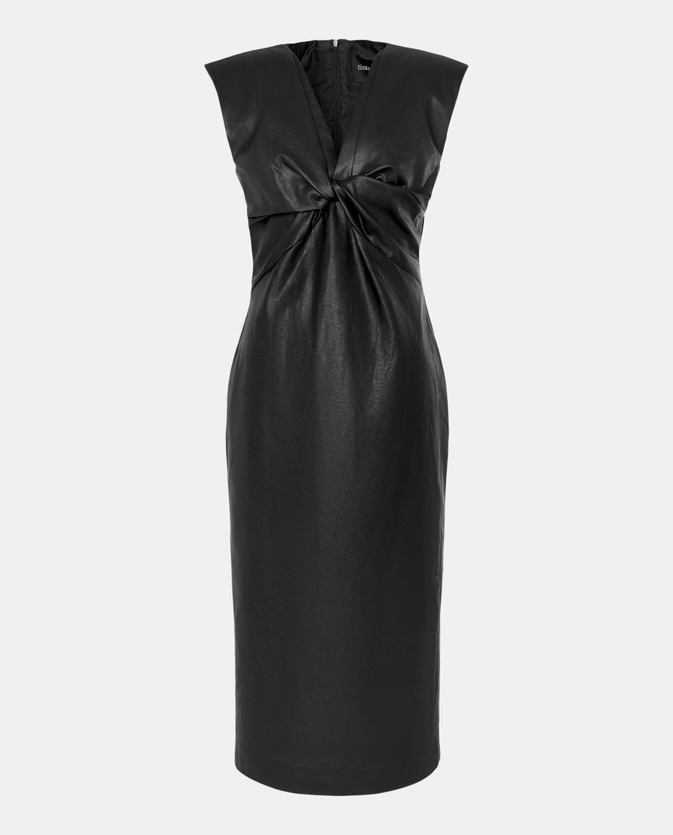 Vestido Midi sem Mangas e com Efeito de Pele Preto-4