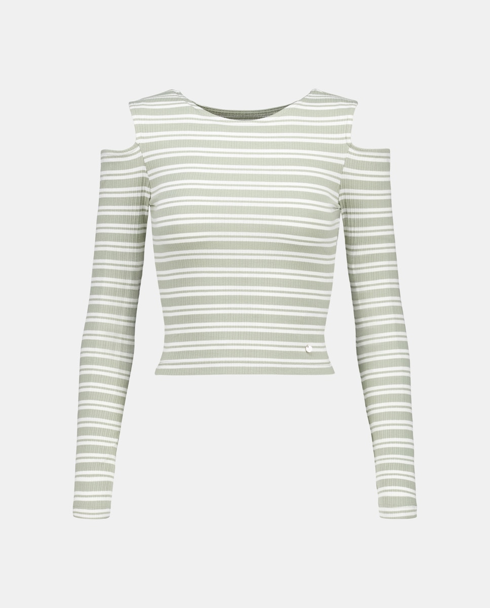 Camisola de Manga Comprida Canelada às Riscas Verde Sálvia-4