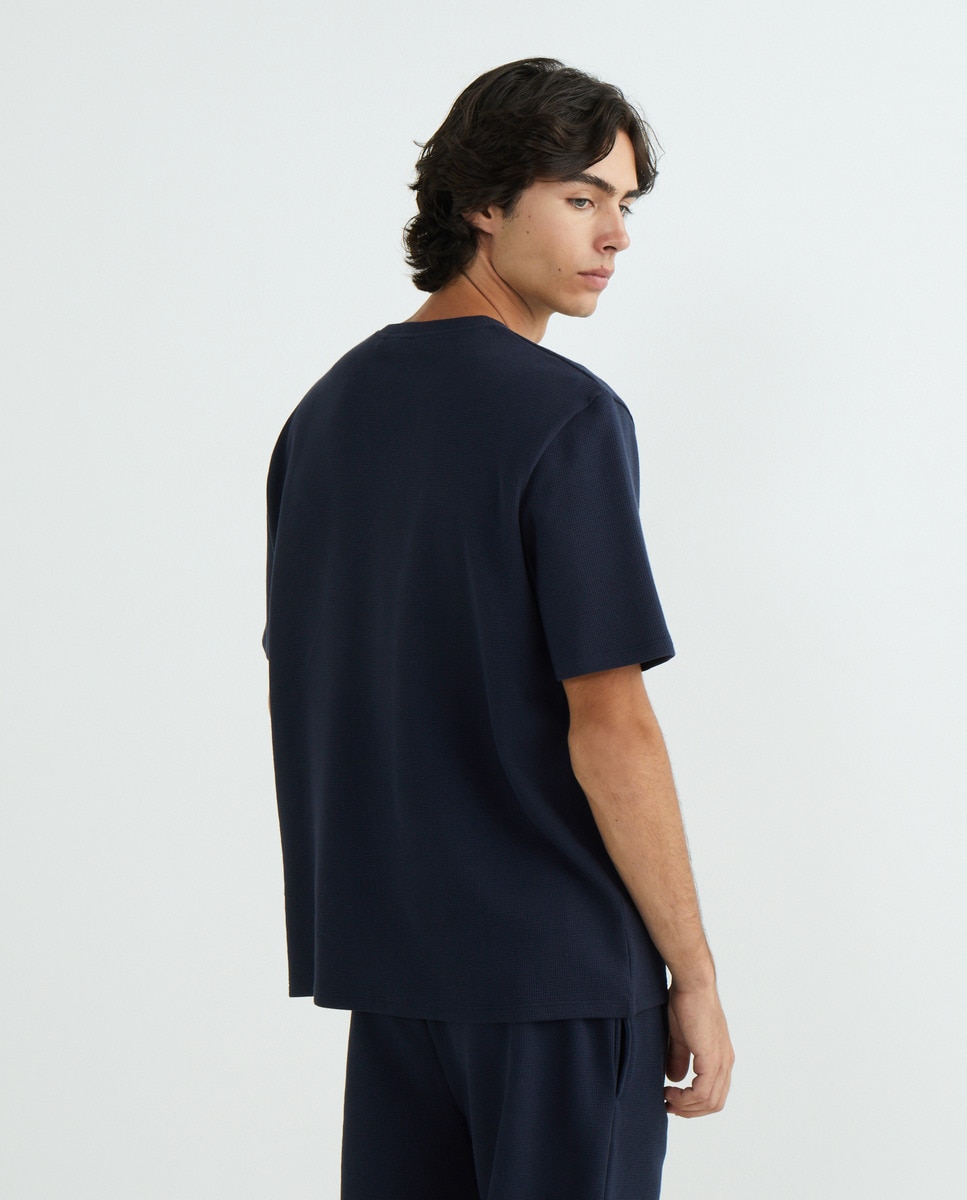 Camisola de Pijama de Algodão com Logótipo Bordado Azul-3