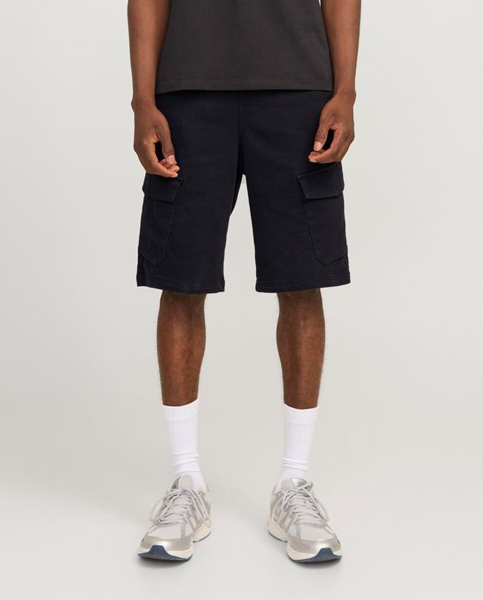 Bermudas Cargo com Bolsos Laterais com Cós Ajustável Através de Cordões Preto-2