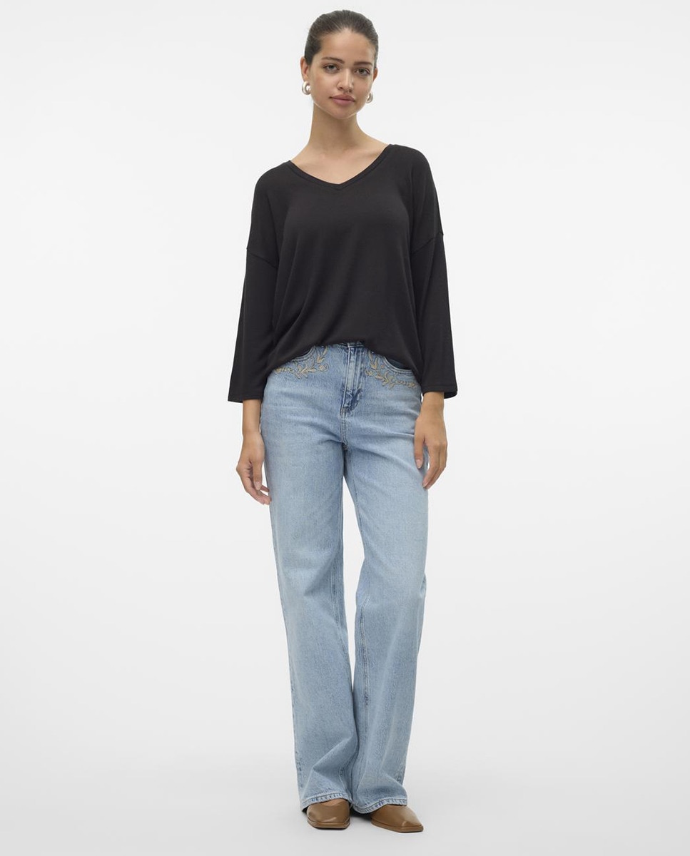 Camisola de Malha Fina com Manga 3/4 Preto-6