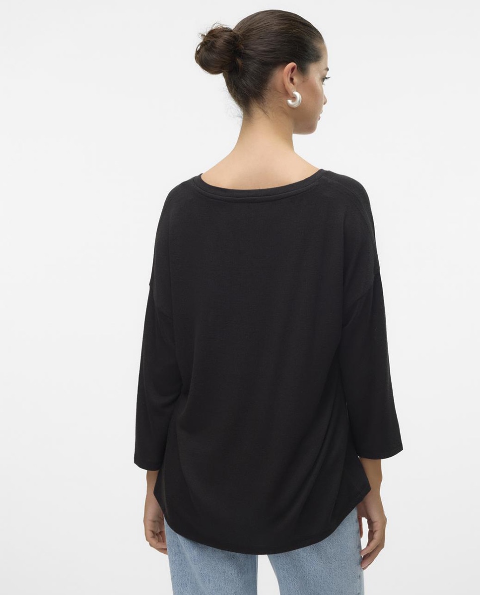 Camisola de Malha Fina com Manga 3/4 Preto-2