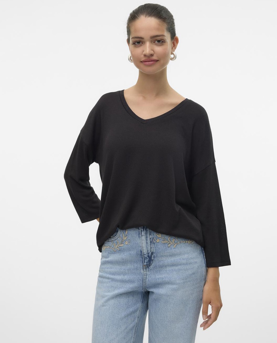 Camisola de Malha Fina com Manga 3/4 Preto-1