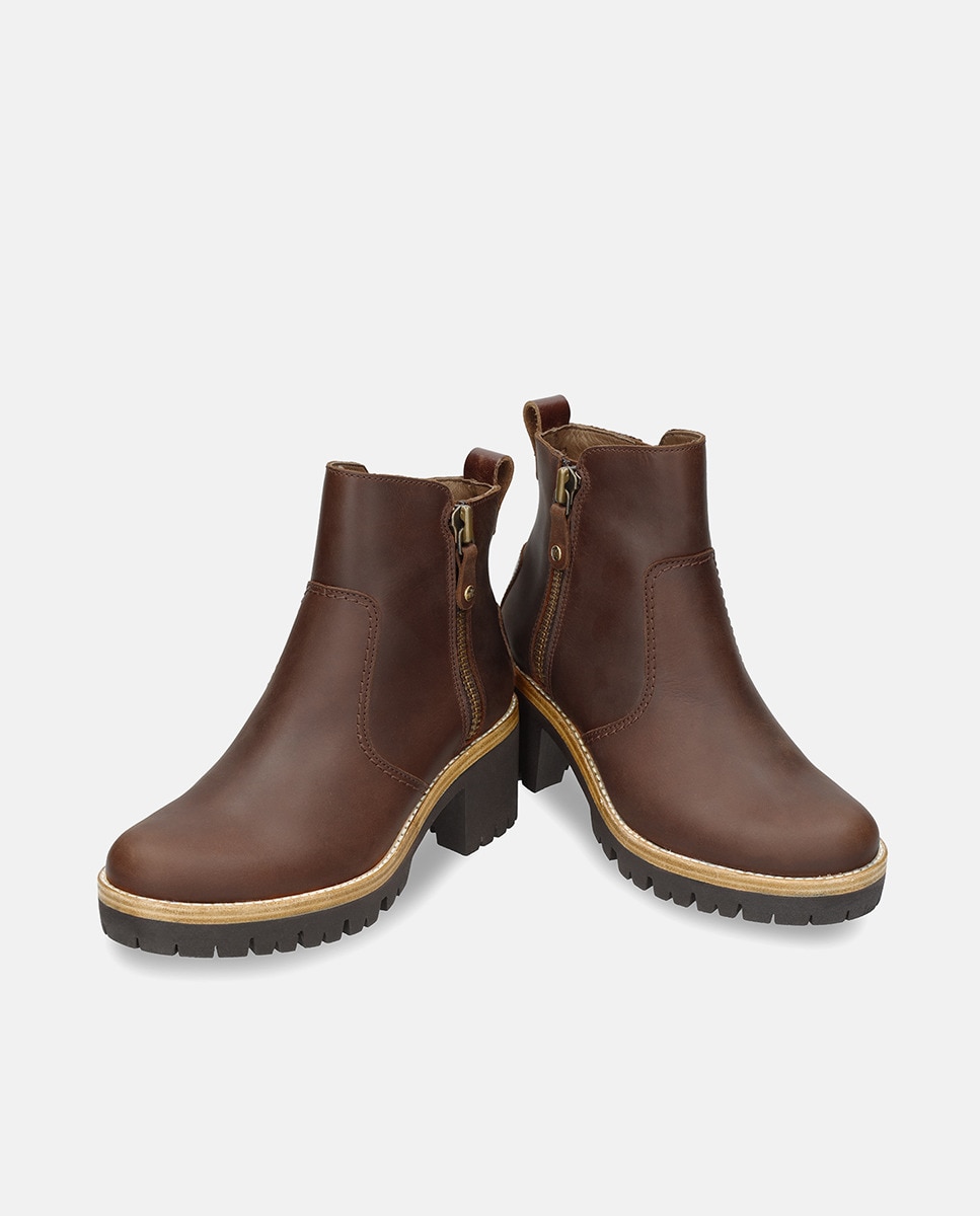 Botins Pauline com Salto de Bloco e em Pele Waterproof Castanho-3