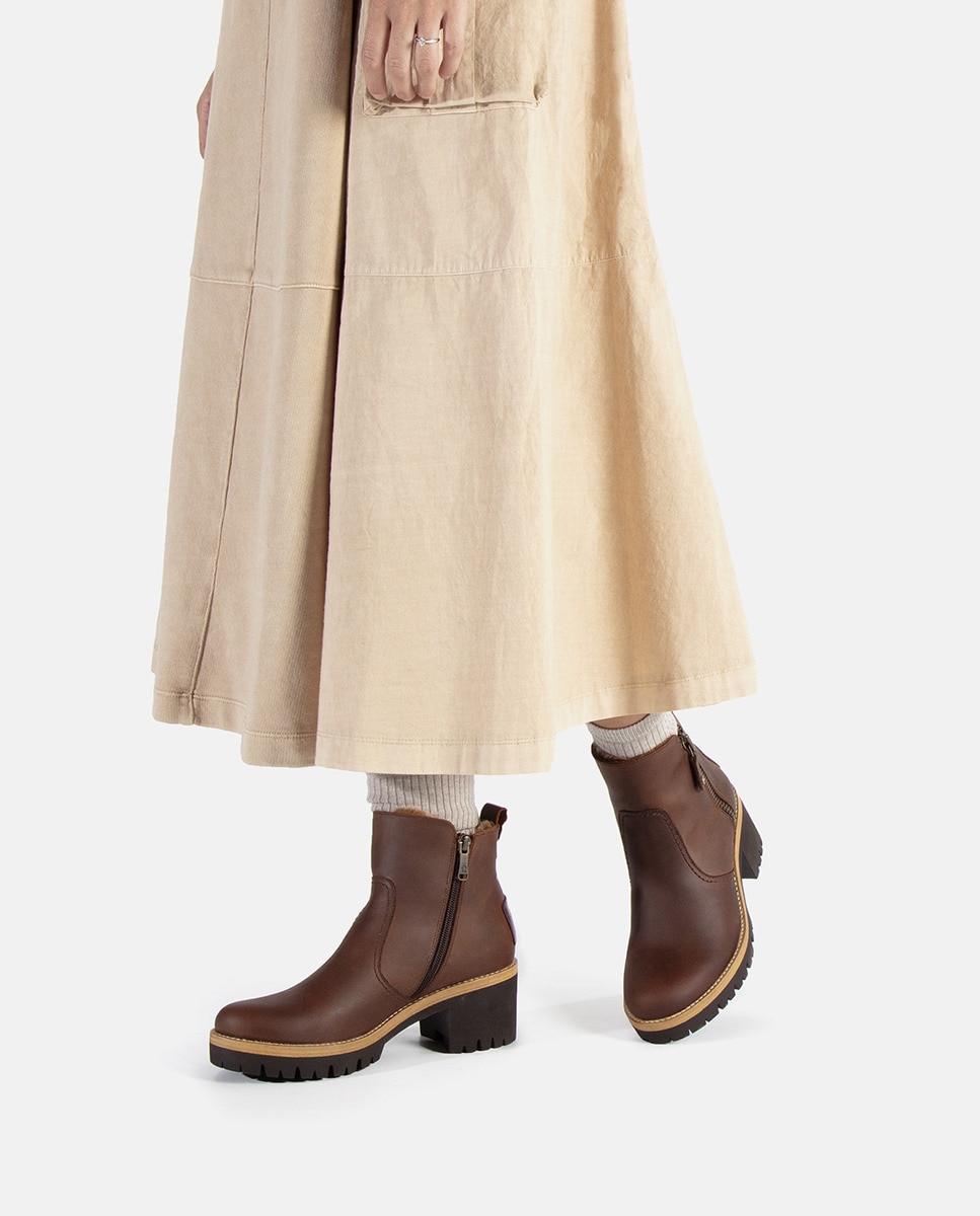 Botins Pauline com Salto de Bloco e em Pele Waterproof Castanho-2