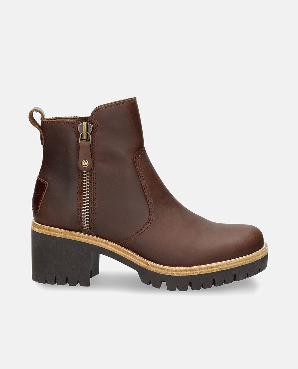 Botins Pauline com Salto de Bloco e em Pele Waterproof Castanho-1