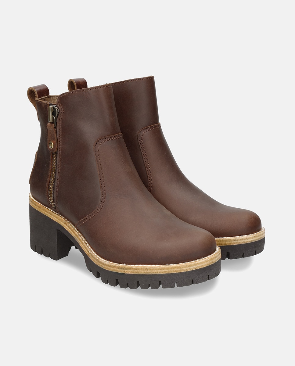 Botins Pauline com Salto de Bloco e em Pele Waterproof Castanho-6