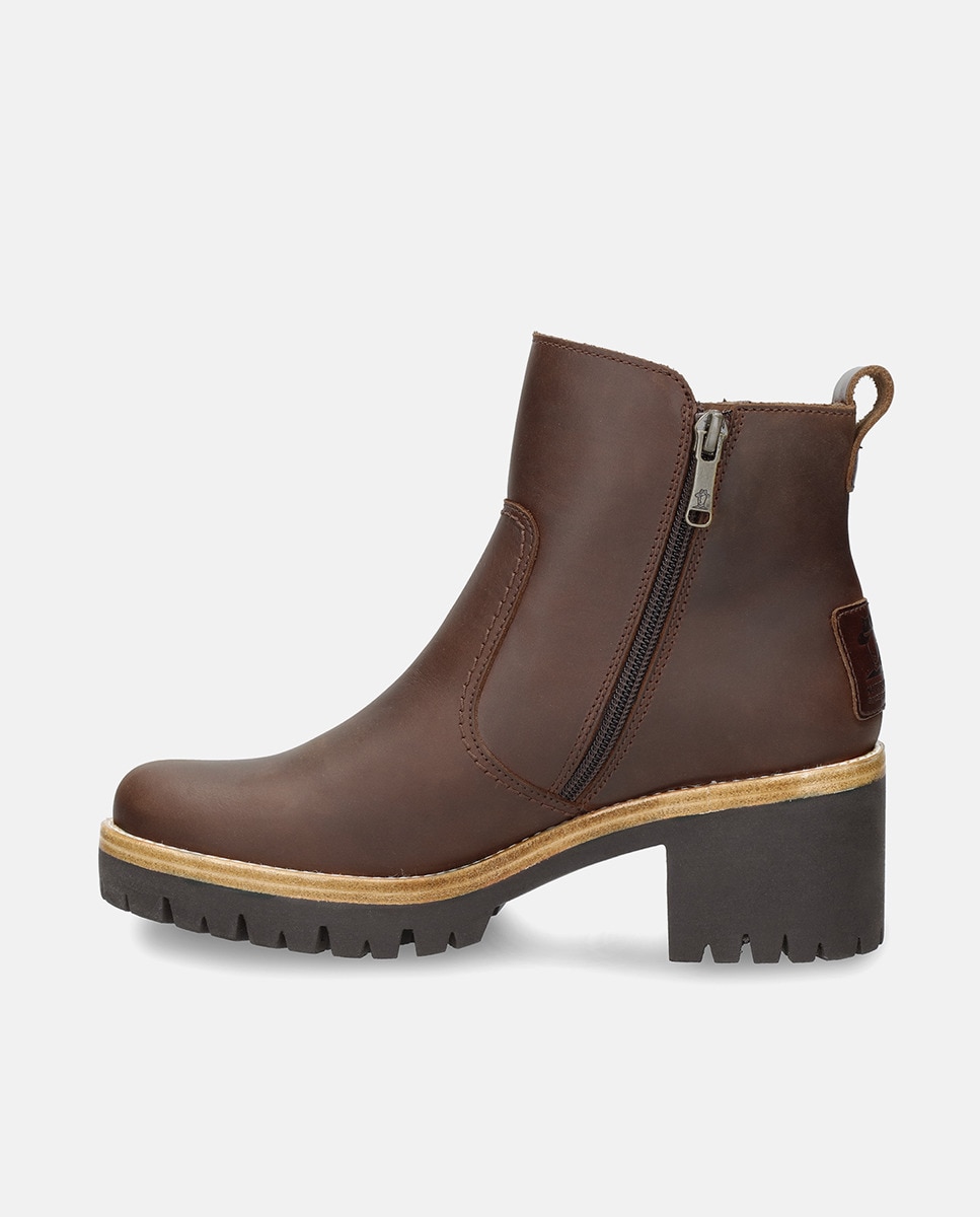 Botins Pauline com Salto de Bloco e em Pele Waterproof Castanho-5