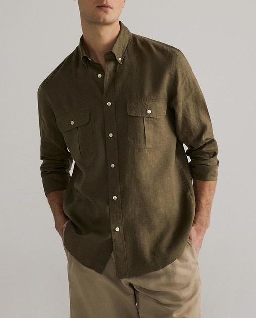 Imagen 0 de Camisa de lino de hombre manga larga con bolsillos