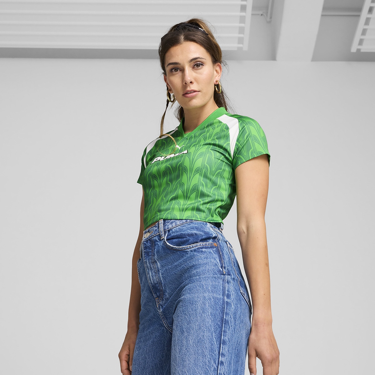T-shirt de Mulher Football Jersey Baby Tee Verde-1