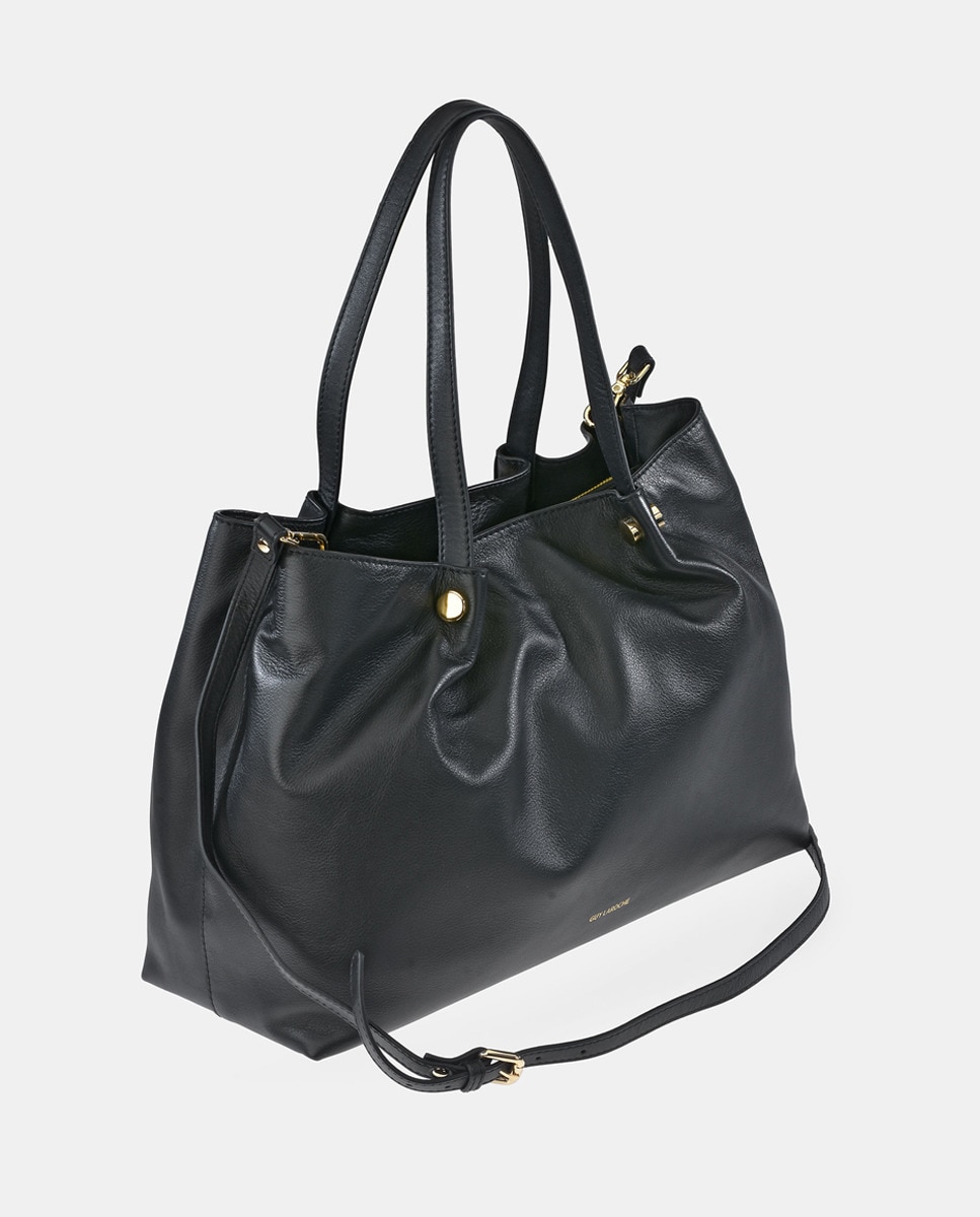 Mala Shopper em Pele com Alça Dupla e Alça de Tiracolo - Preto Preto-3
