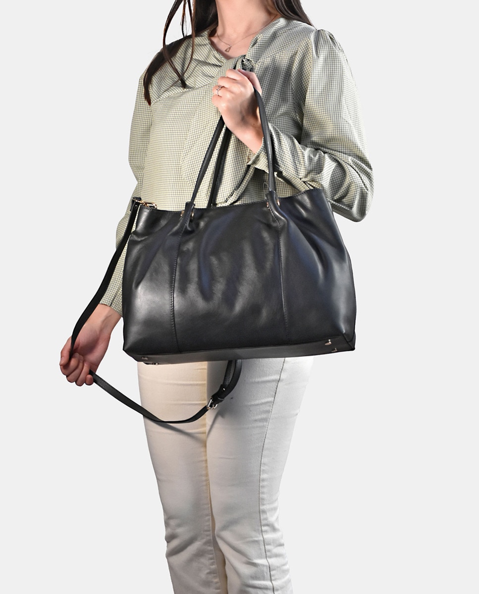 Mala Shopper em Pele com Alça Dupla e Alça de Tiracolo - Preto Preto-2