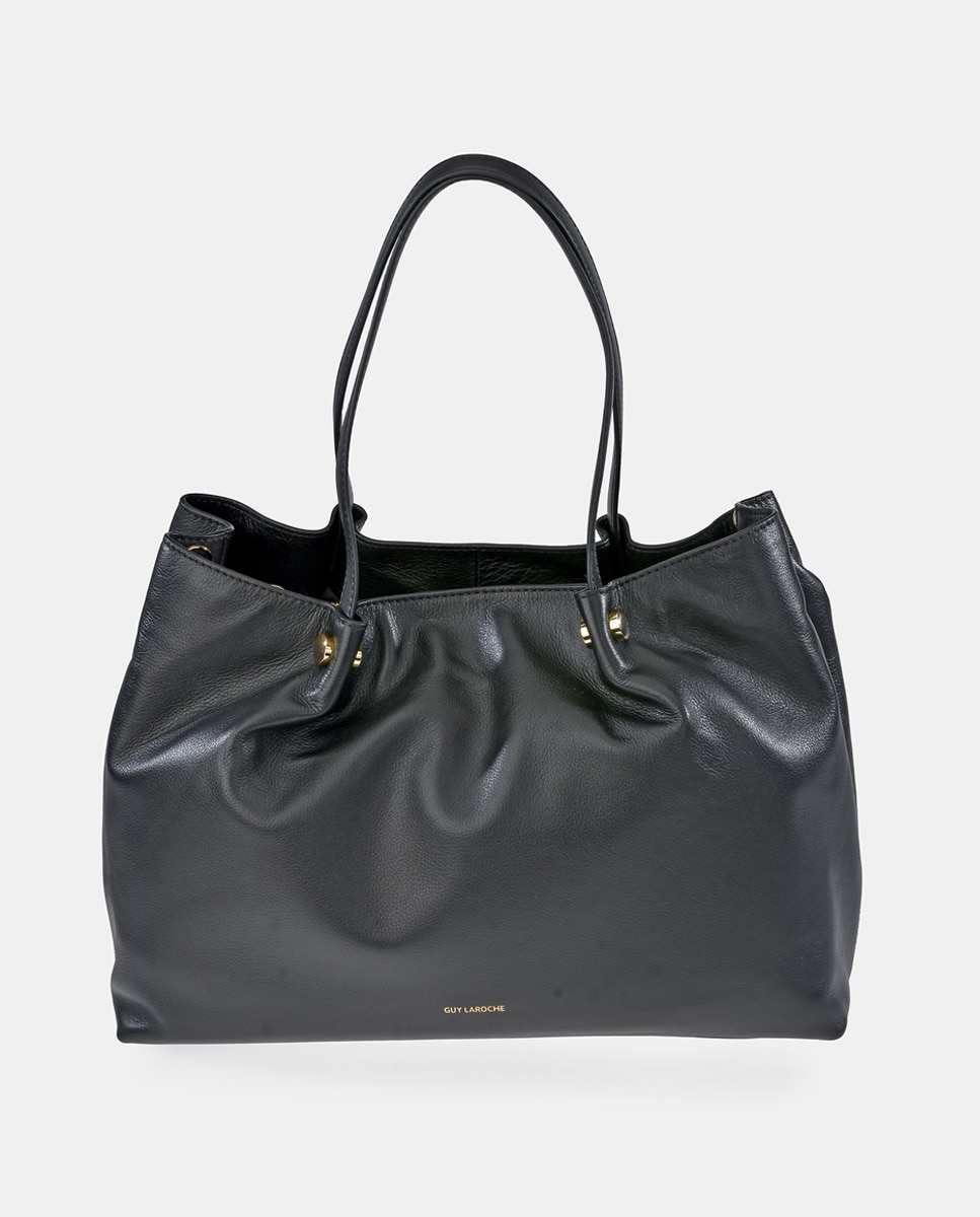 Mala Shopper em Pele com Alça Dupla e Alça de Tiracolo - Preto Preto-1