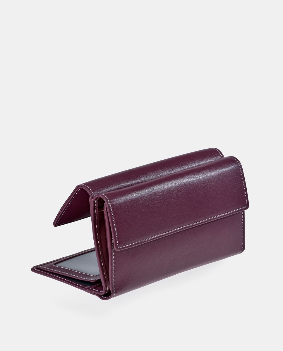 Porta-Moedas Grande em Pele com Secção para Notas e Aba Bordeaux-3
