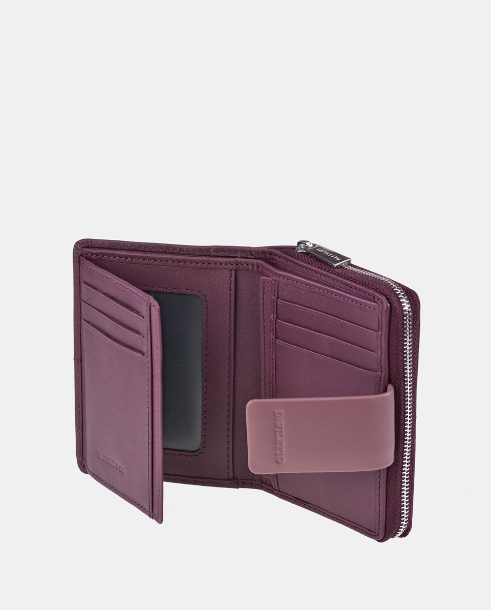 Porta-Moedas em Pele com Secção para Notas e Fecho de Correr - Preto/Vermelho Roxo-4