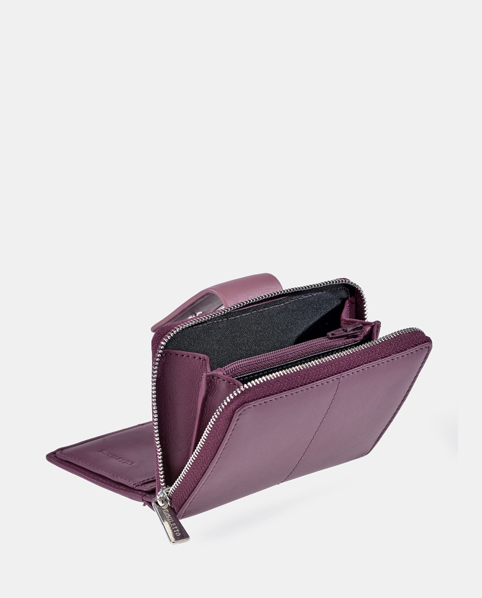 Porta-Moedas em Pele com Secção para Notas e Fecho de Correr - Preto/Vermelho Roxo-3