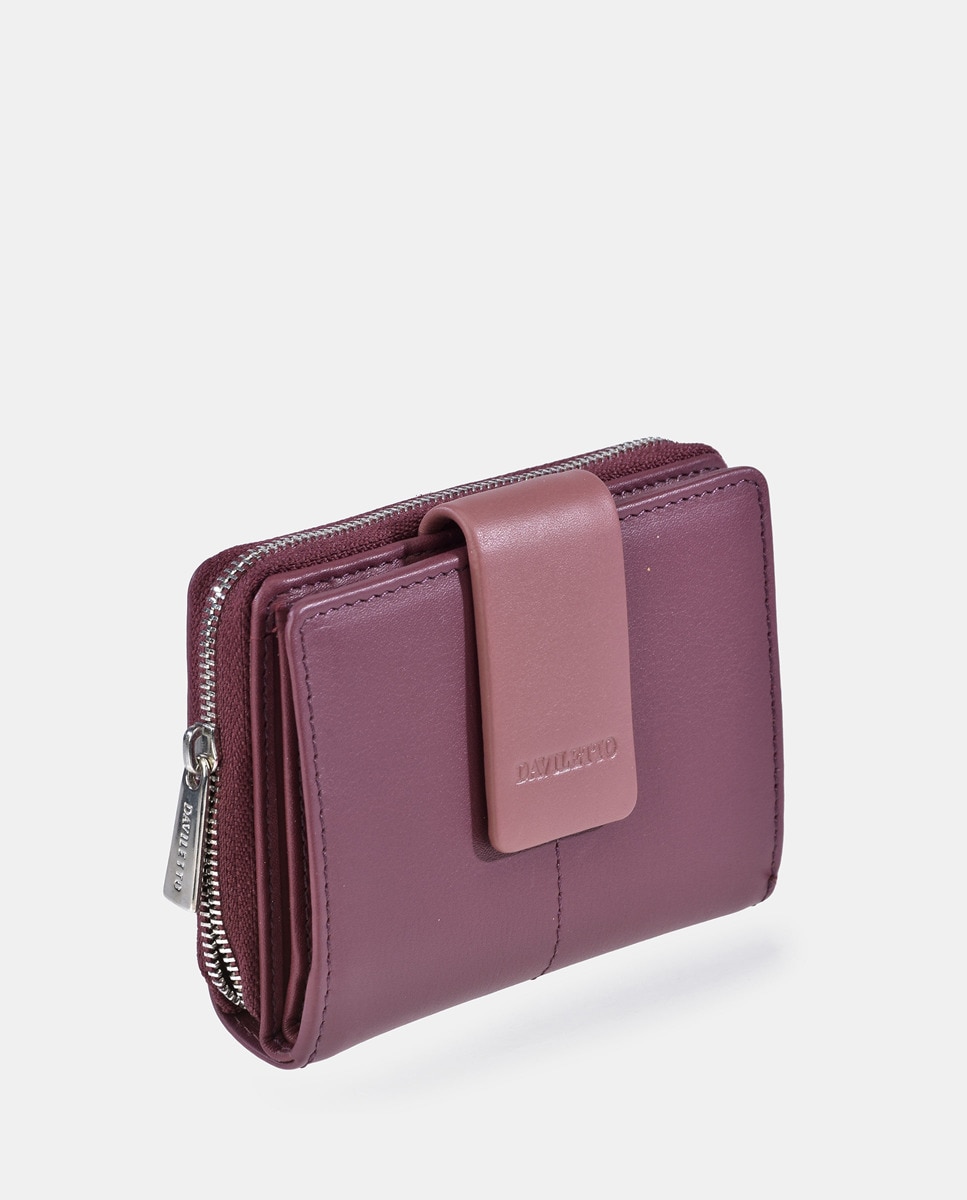 Porta-Moedas em Pele com Secção para Notas e Fecho de Correr - Preto/Vermelho Roxo-2