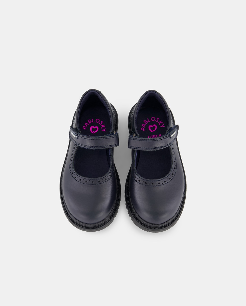 Sapatos de Presilha em Pele com Fecho Aderente para Uniforme Escolar Azul-marinho-6
