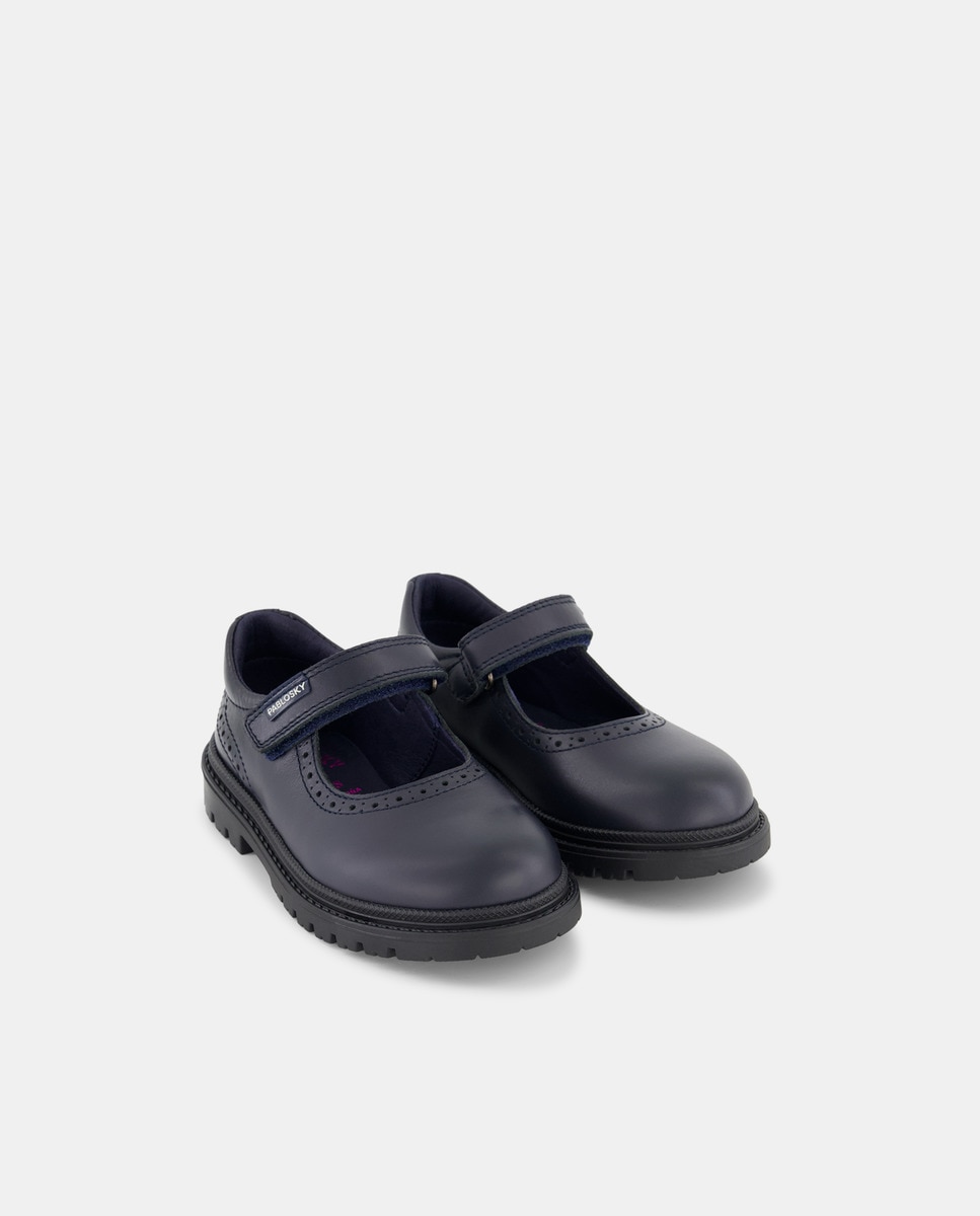 Sapatos de Presilha em Pele com Fecho Aderente para Uniforme Escolar Azul-marinho-4