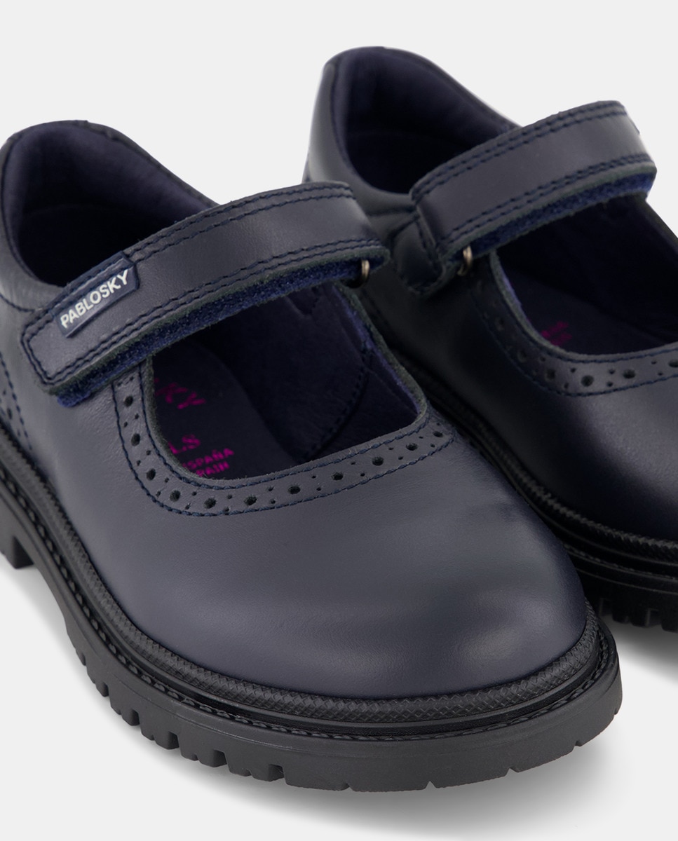 Sapatos de Presilha em Pele com Fecho Aderente para Uniforme Escolar Azul-marinho-7