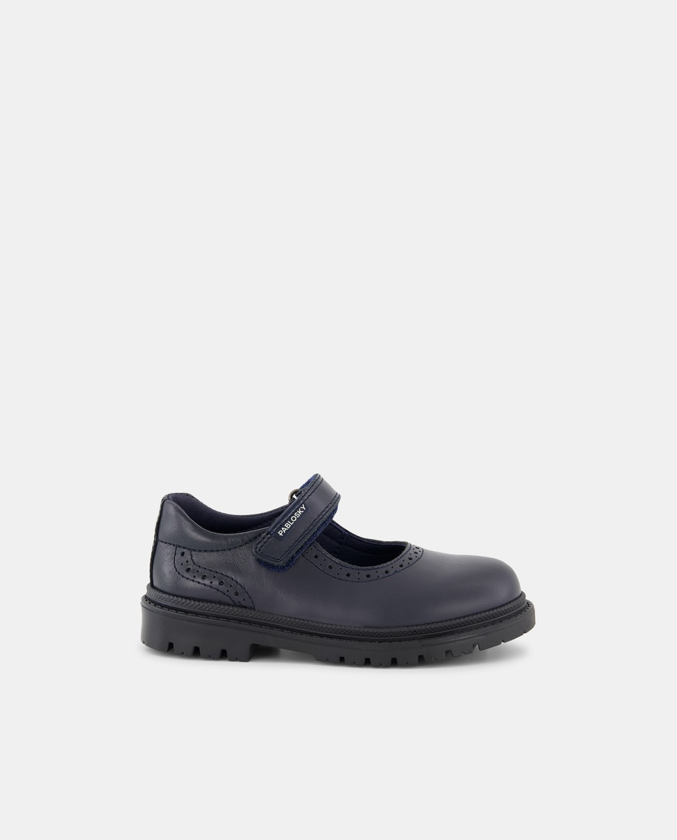 Sapatos de Presilha em Pele com Fecho Aderente para Uniforme Escolar Azul-marinho-1