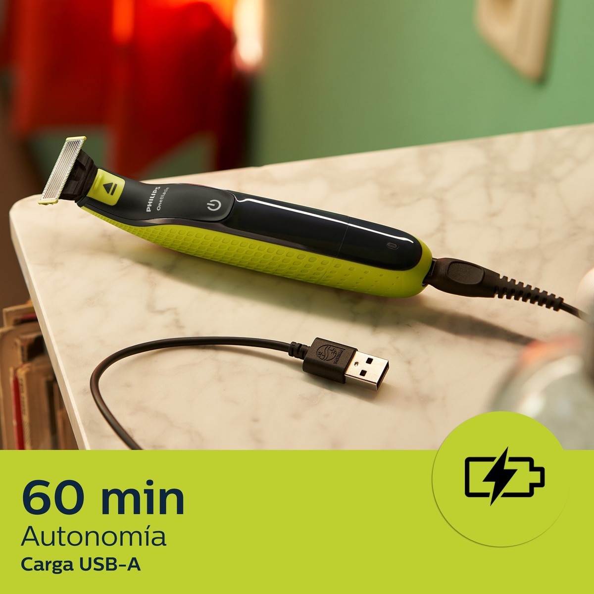 Maquinilla de afeitar Philips OneBlade Pro 360 cara, en seco y mojado, barbero con peines guía ajustable 5 en 1, 60 min Verde lima / gris marengo-8
