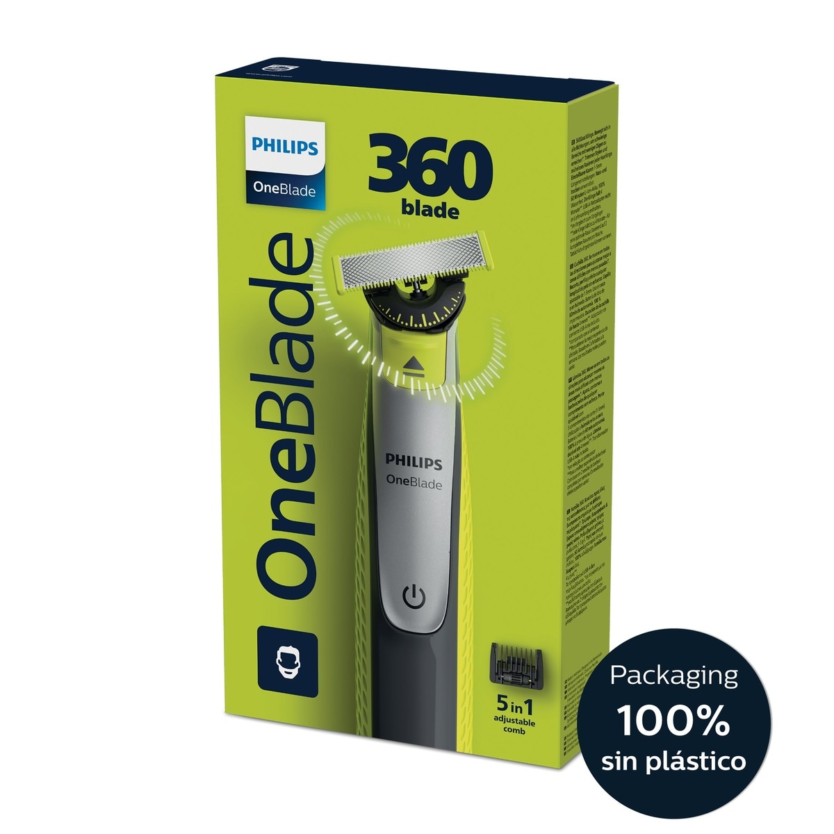 Maquinilla de afeitar Philips OneBlade Pro 360 cara, en seco y mojado, barbero con peines guía ajustable 5 en 1, 60 min Verde lima / gris marengo-9