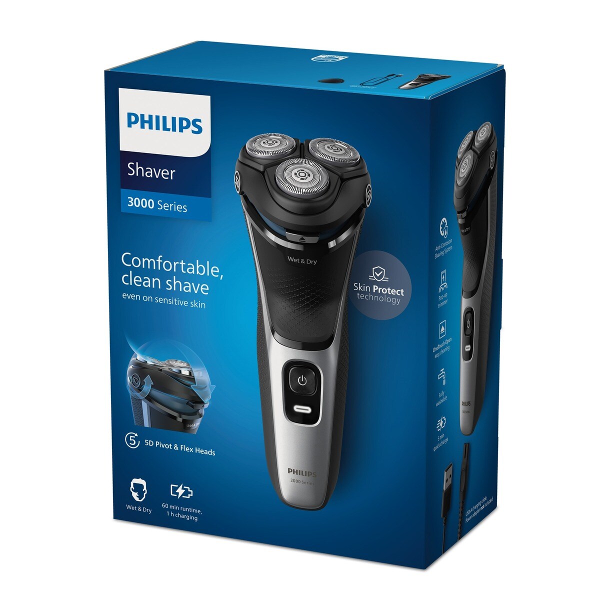 Afeitadora eléctrica Philips Serie 3000, máquina de afeitar hombre en seco y mojado, cabezales flexibles 5D, tapa protectora, 60 min autonomía Plata brillo-11