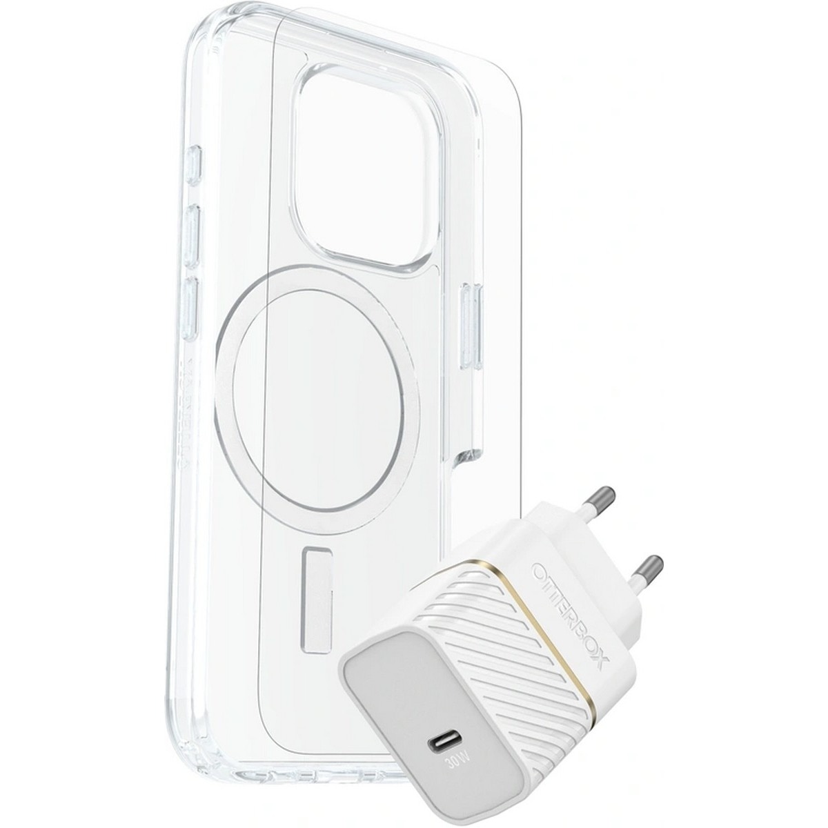 Imagem 0 de Kit Otterbox Capa Symmetry Series Clear com MagSafe Slim Protective  + Película de Vidro + Carregador 30W para iPhone 16 - Transparente