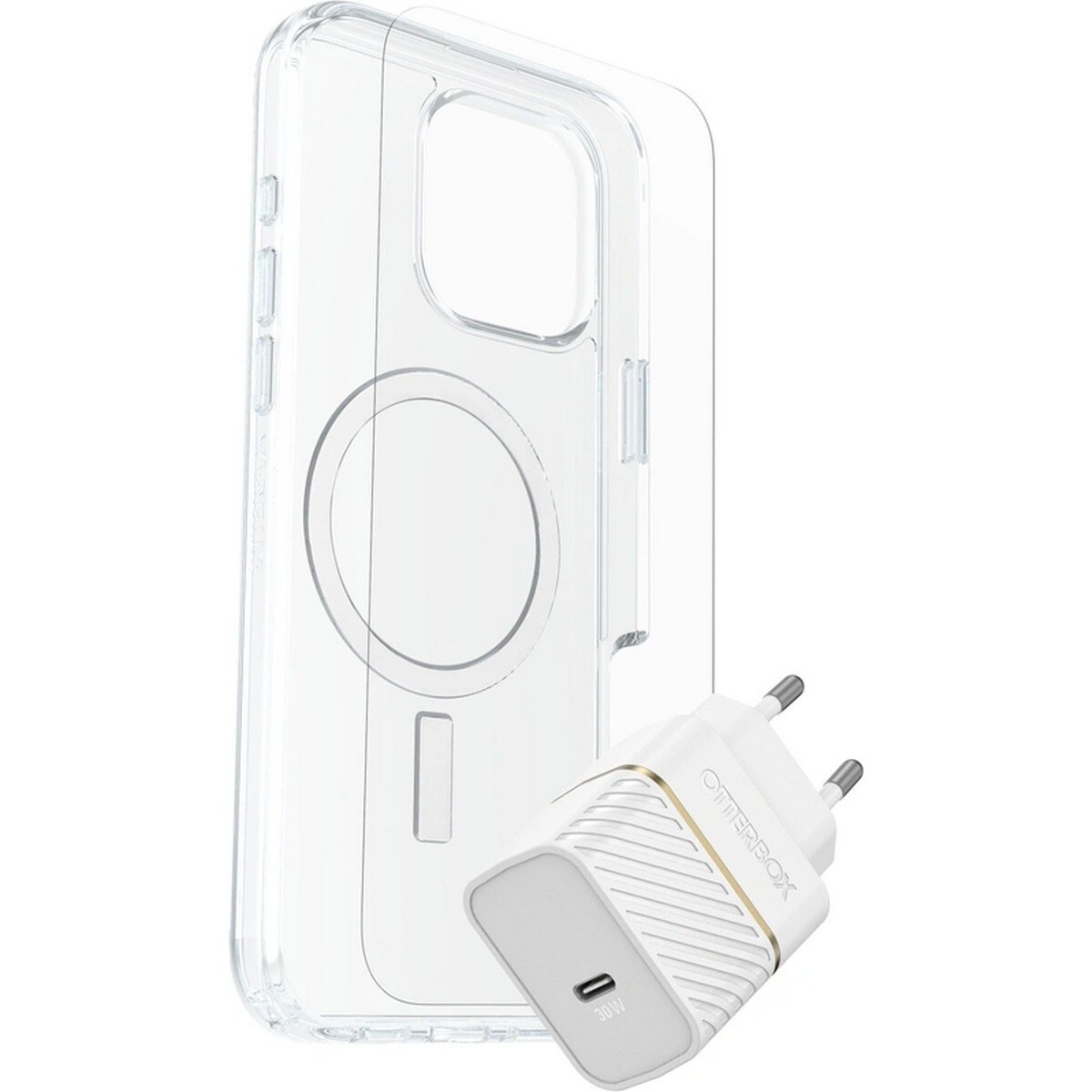 Kit Otterbox Capa Symmetry Series Clear com MagSafe Slim Protective  + Película de Vidro + Carregador 30W para iPhone 16 Pro Max - Transparente 1