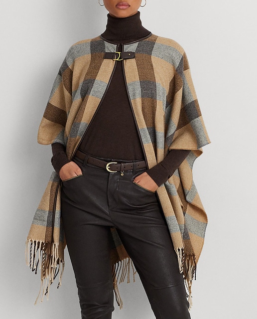 Imagen 0 de Poncho de mujer de cuadros con flecos
