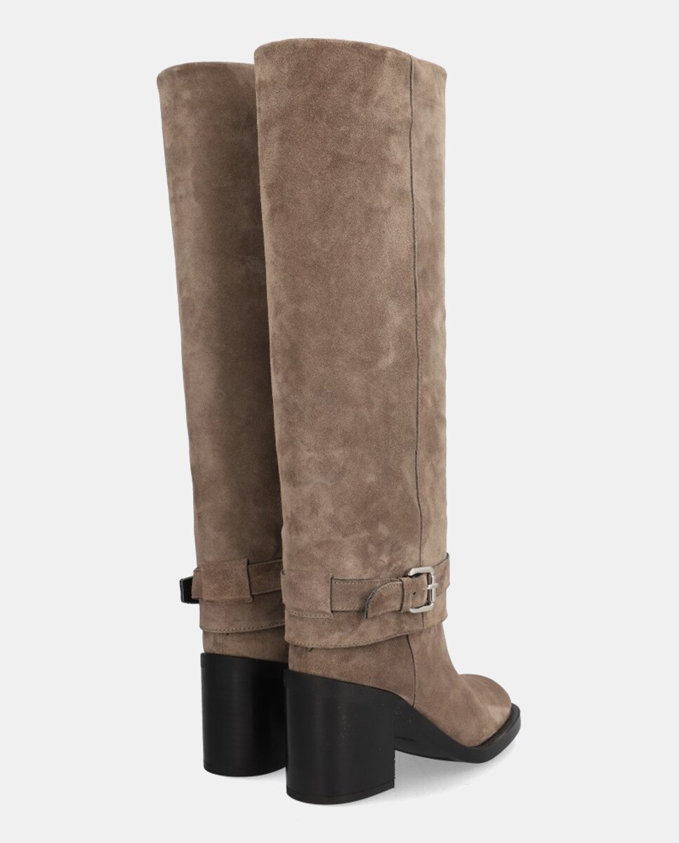 Botas Altas de Tubo com Polaina em Croute Bege-3