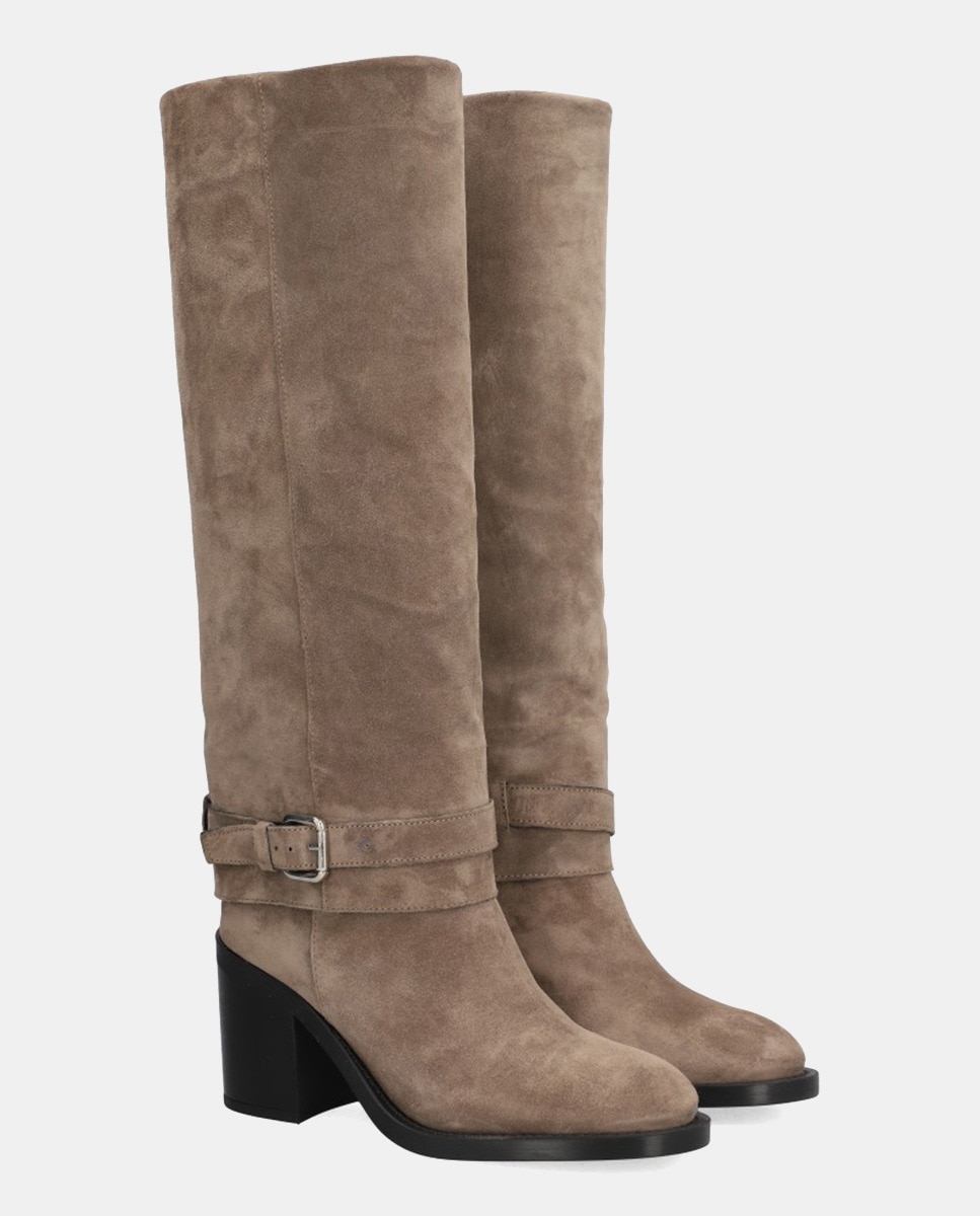 Botas Altas de Tubo com Polaina em Croute Bege-2