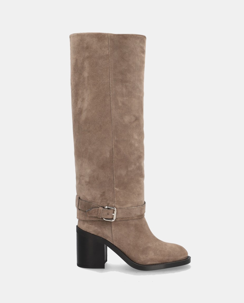Botas Altas de Tubo com Polaina em Croute Bege-1