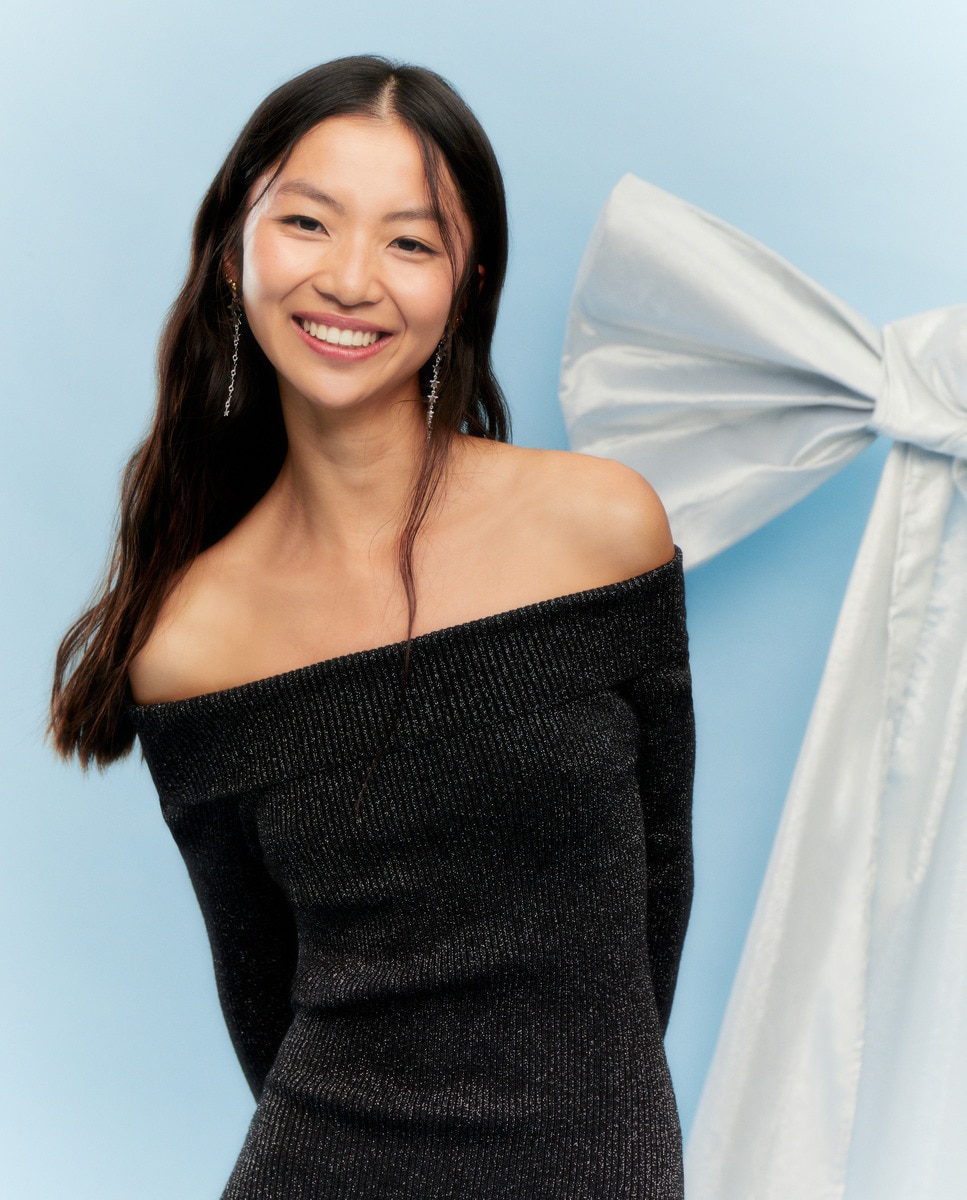 Vestido Assimétrico com Fio Metalizado Preto-6