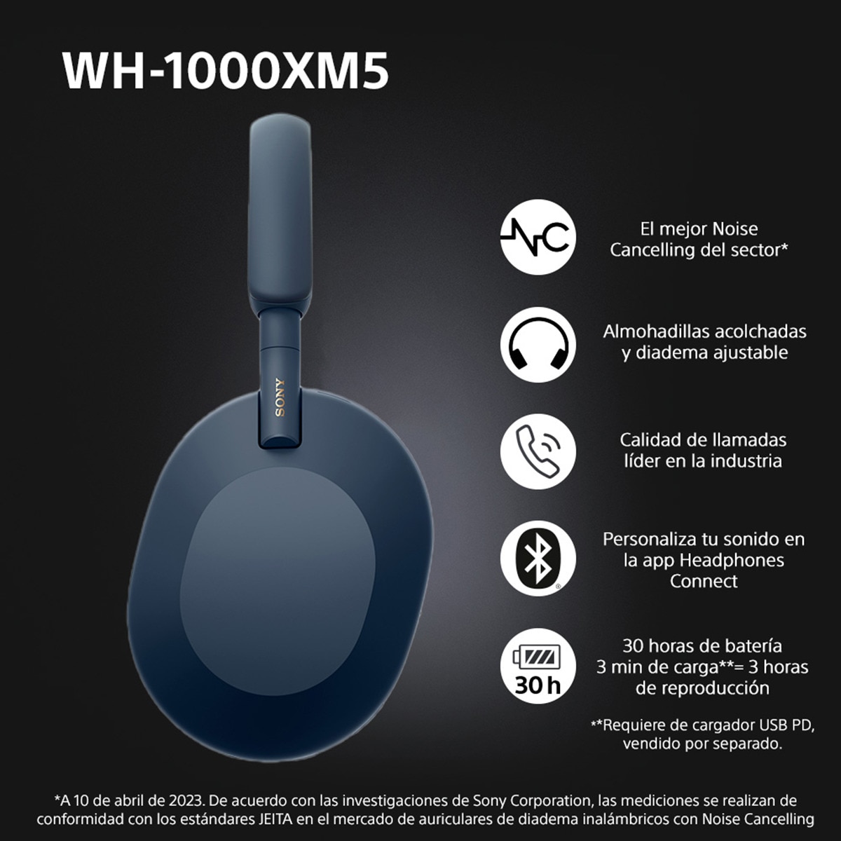 Sony WH-1000XM5 Bluetooth Auriculares de diadema Cancelación de ruido, 30 horas de batería, micrófono, para iOS, Android y PC Azul Medianoche-3