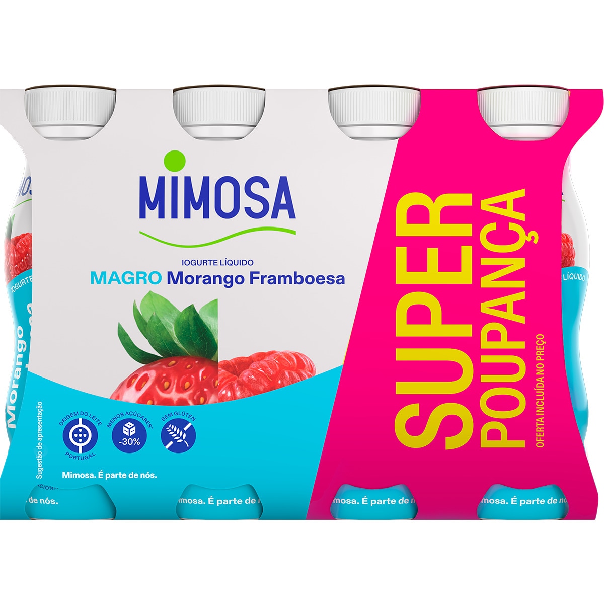 Iogurte Líquido Magro sabor Morango e Framboesa Pack 8 unidades embalagem 151 ml