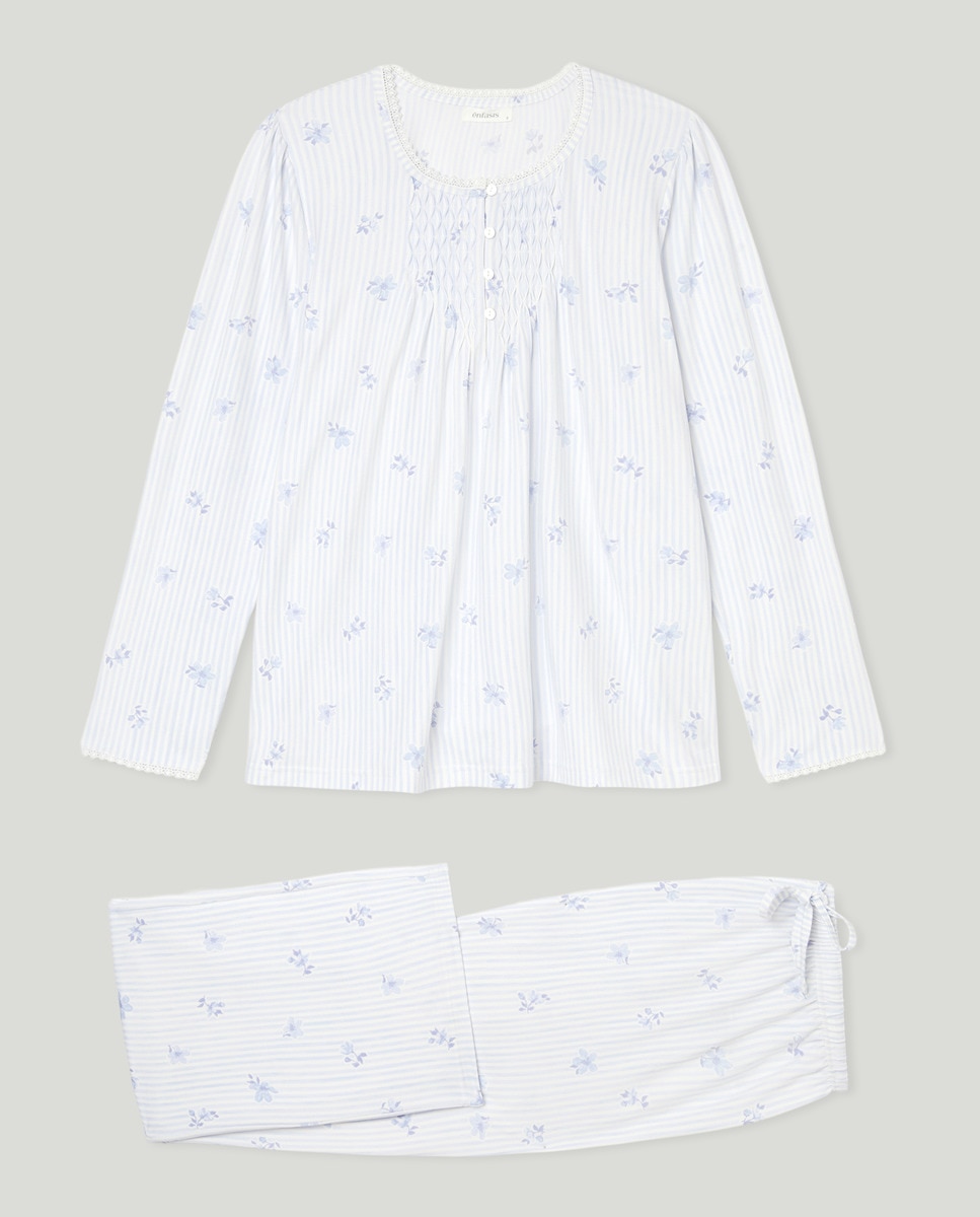 Pijama Tipo Camiseiro com Estampado e Pregas Azul-3
