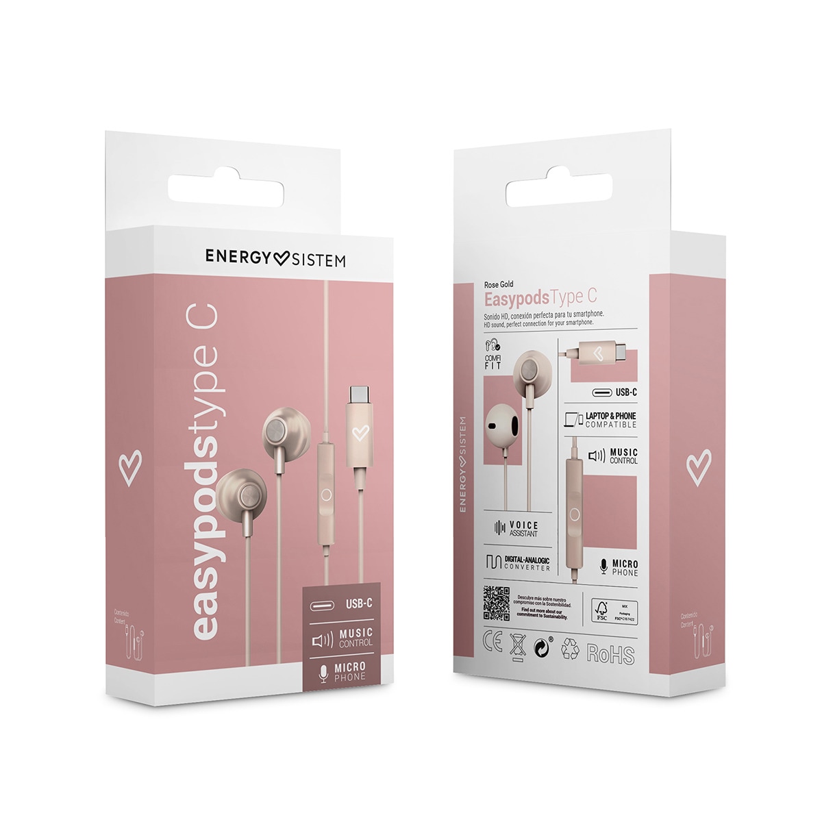 Auriculares de botón con cable Energy Sistem Easypods con micrófono incorporado, usb-c, rosa Rosa-5