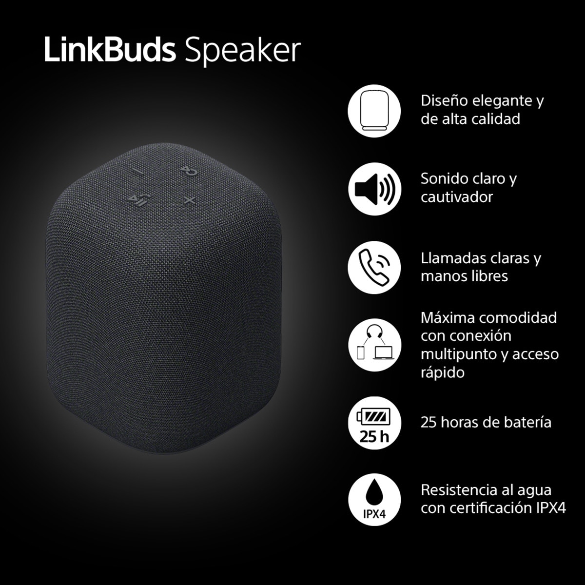 Altavoz portátil inalámbrico Sony LinkBuds, Bluetooth, resistente al agua IPX4, 12h de batería, llamadas nítidas, exteriores, viajes, Negro Negro-2