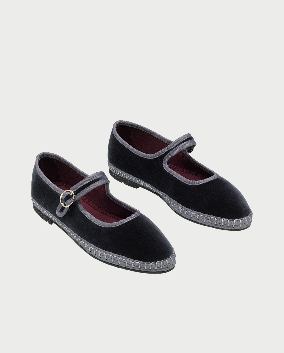 Sapatos de Presilha Blanca em Veludo Cinzento-2