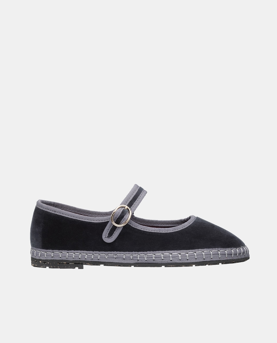 Sapatos de Presilha Blanca em Veludo Cinzento-1