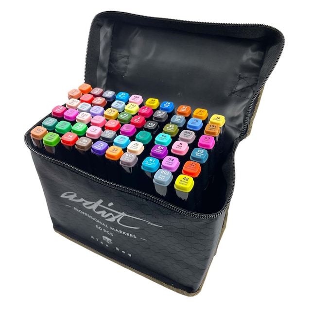 Imagen 0 de Bolsa canvas 60 rotuladores Professional Markers doble  punta, biselada y fina, tintas base alcohol ARTIST by Alex Bog  multicolor.