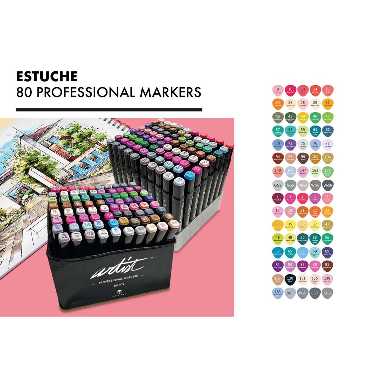 Bolsa canvas 80 rotuladores Professional Markers doble  punta, biselada y fina, tintas base alcohol ARTIST by Alex Bog  multicolor. Multicolor-3