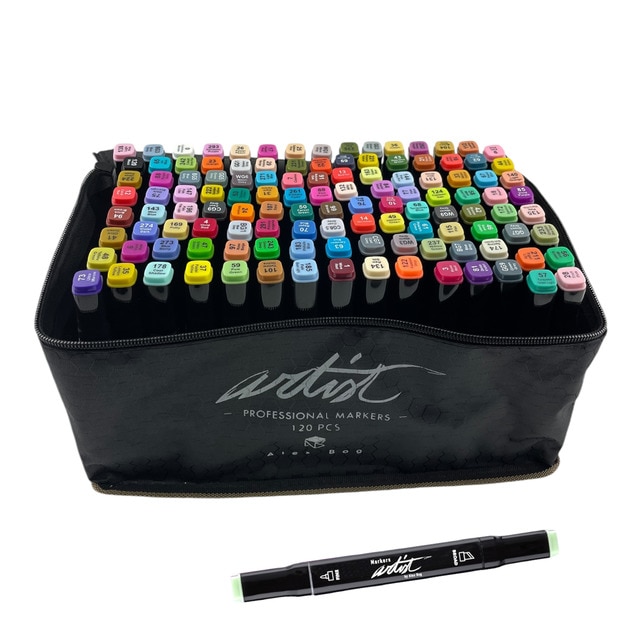 Imagen 0 de Bolsa canvas 120 rotuladores Professional Markers doble  punta, biselada y fina, tintas base alcohol ARTIST by Alex Bog  multicolor.