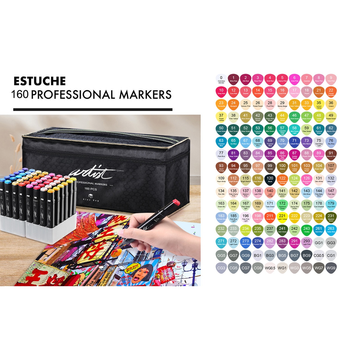 Bolsa canvas 160 rotuladores Professional Markers doble  punta, biselada y fina, tintas base alcohol ARTIST by Alex Bog   multicolor. Multicolor-3