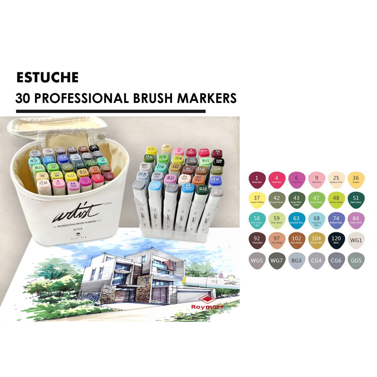 Bolsa canvas 30 rotuladores Professional Brush Markers doble punta, pincel extra suave y biselada, tintas base alcohol ARTIST by Alex Bog multicol 7