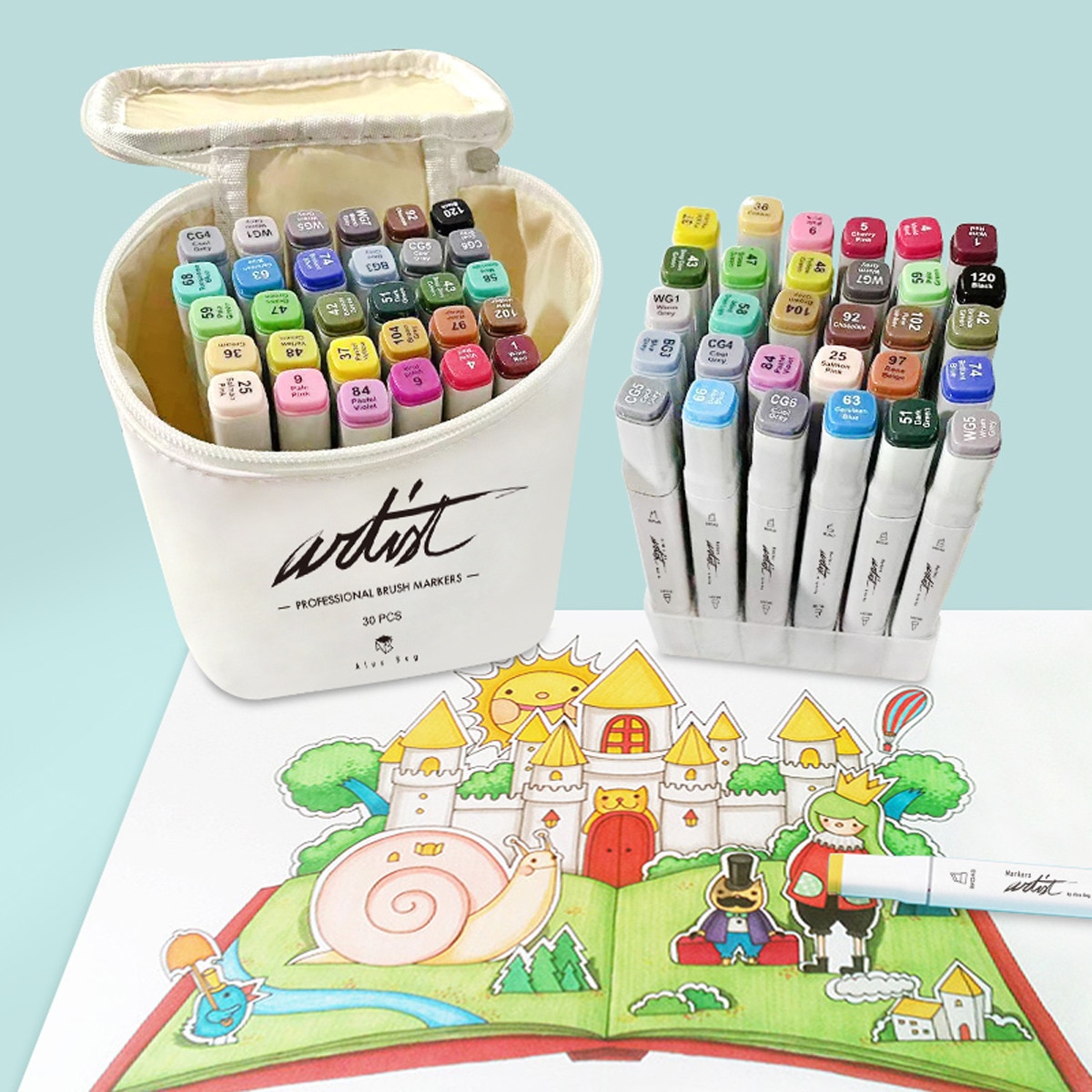 Bolsa canvas 30 rotuladores Professional Brush Markers doble punta, pincel extra suave y biselada, tintas base alcohol ARTIST by Alex Bog multicol 6